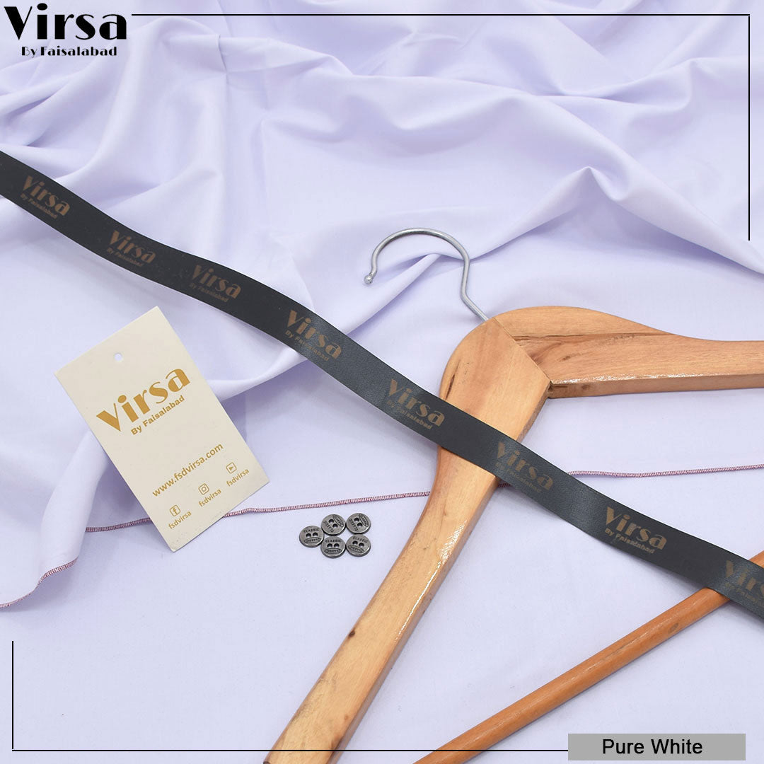 Wooden hangers with black straps and 'Virsa' branding on a white fabric background.