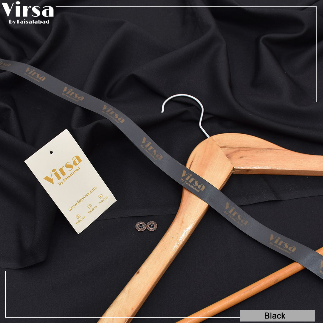 Wooden hanger with black strap and Virsa tag on a black fabric background