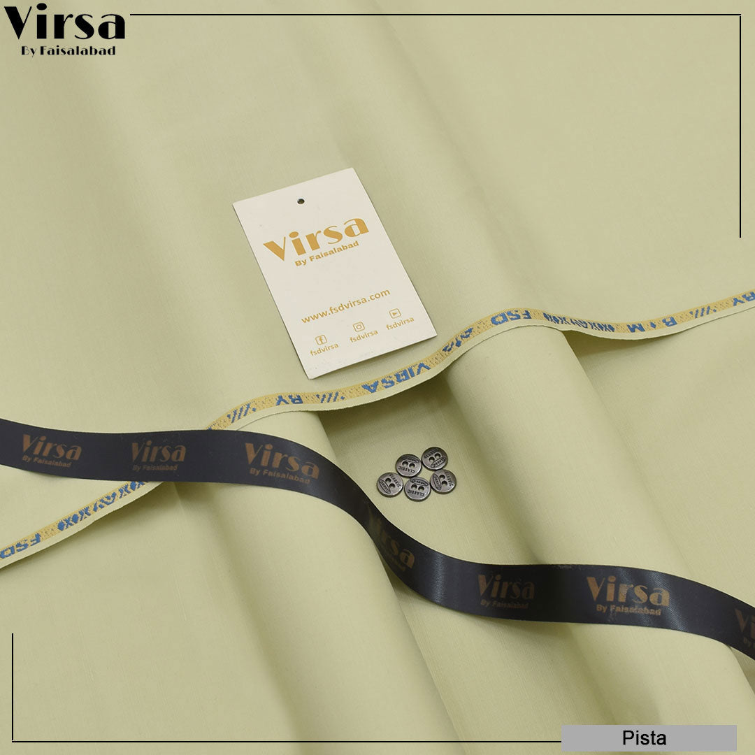 Green fabric with 'Virsa' branding and ribbons on a beige background