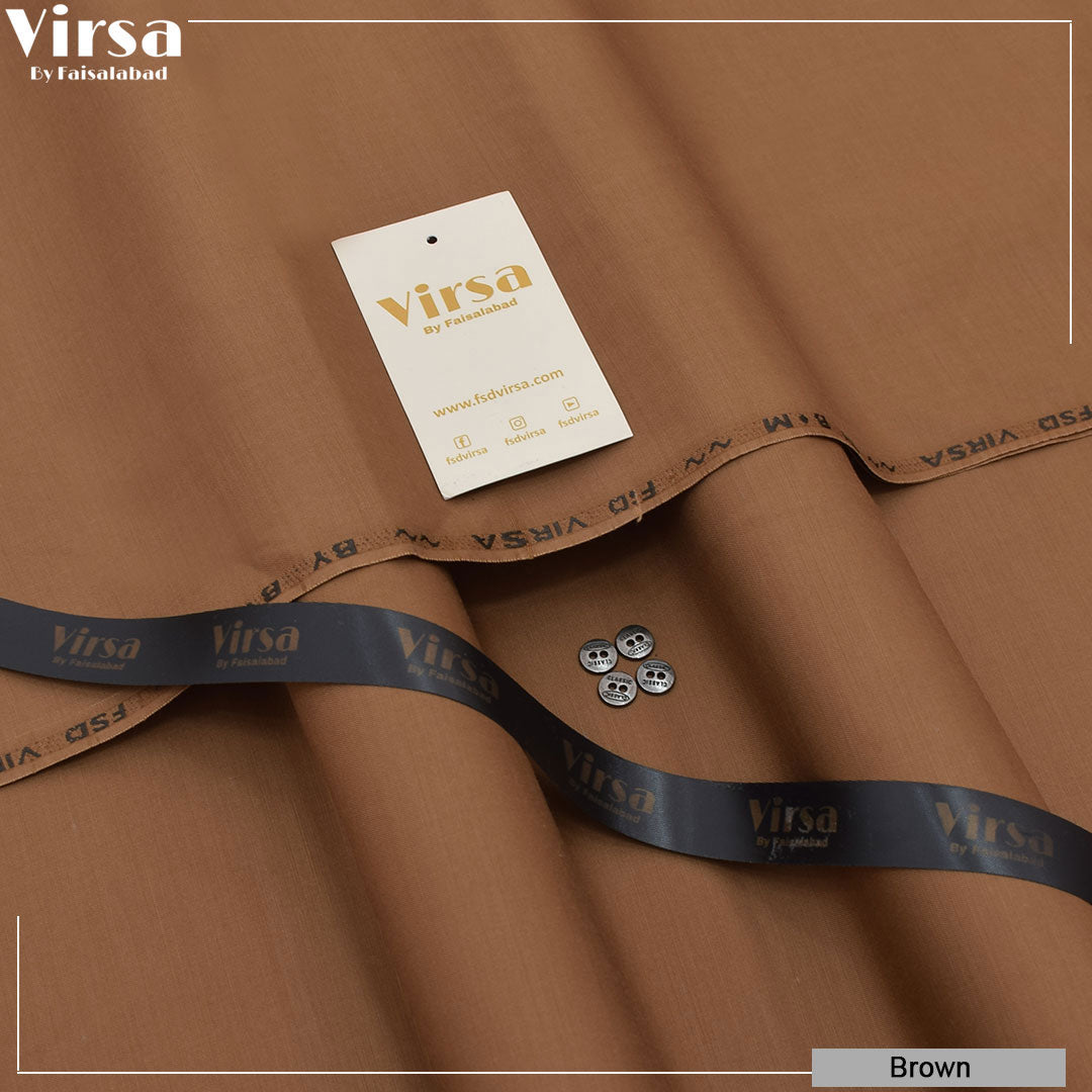 Brown fabric with Virsa branding and a tag on a matching brown background