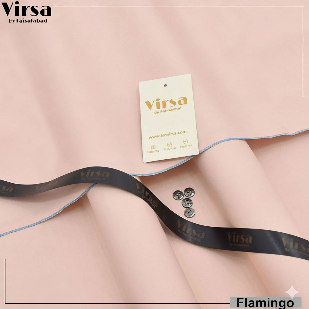 Pink fabric with a Virsa tag and black ribbon on a light pink background