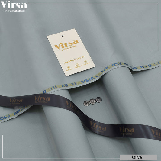 Gray fabric with 'Virsa' branding and a tag on a gray background