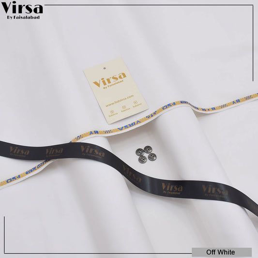 Black ribbon with 'Virsa' branding on a white fabric background