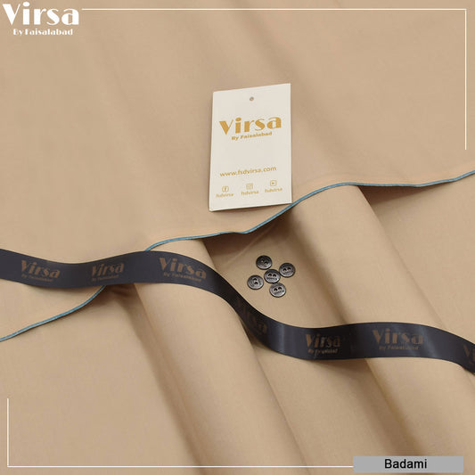 Roll of beige fabric with 'Virsa' branding, buttons, and ribbons on a matching background.