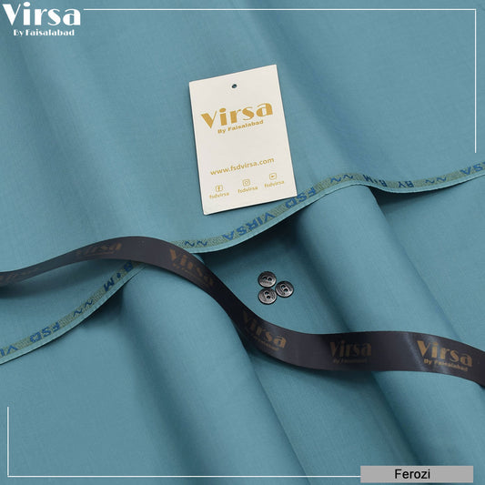 Teal fabric with 'Virsa' branding and a tag on a matching background
