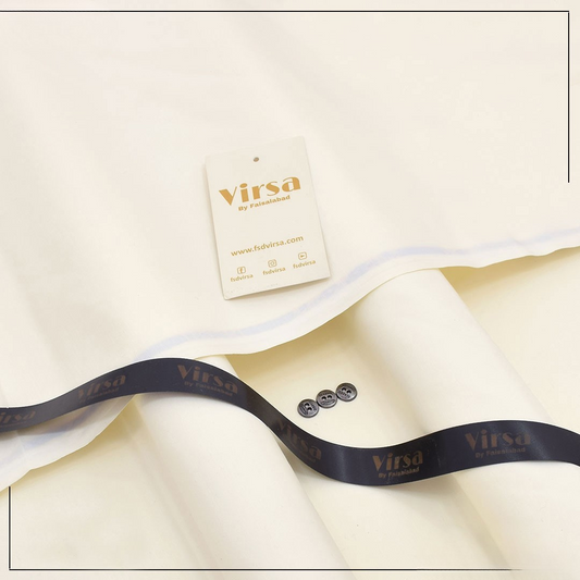 Virsa branded ribbon and buttons on a white fabric background with a visible tag.