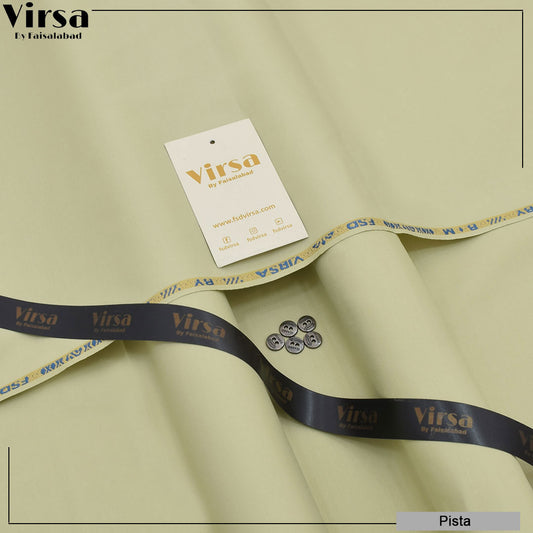 Green fabric with 'Virsa' branding and ribbons on a beige background