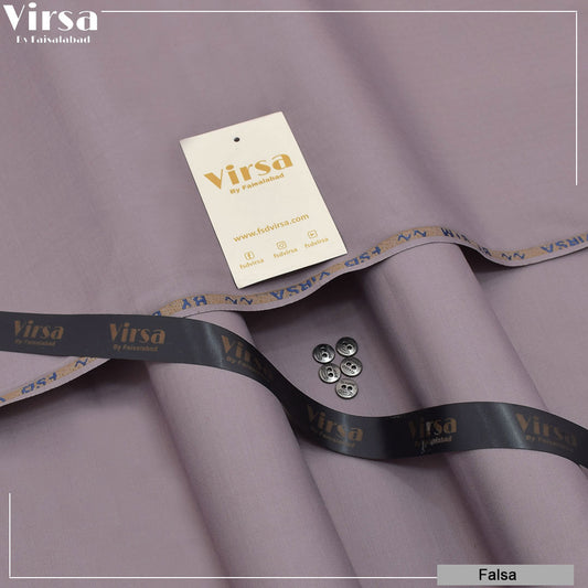 Roll of purple fabric with 'Virsa' branding and buttons on a matching background