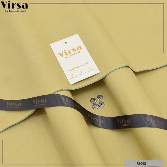 Roll of gold fabric with 'Virsa' branding on a beige background