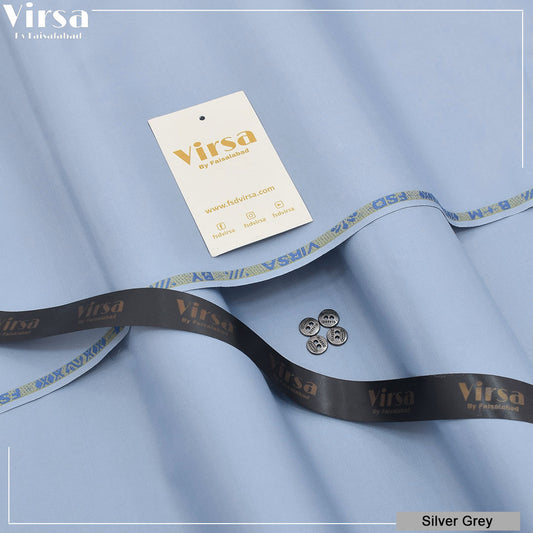 Fabric with 'Virsa' branding on a light blue background