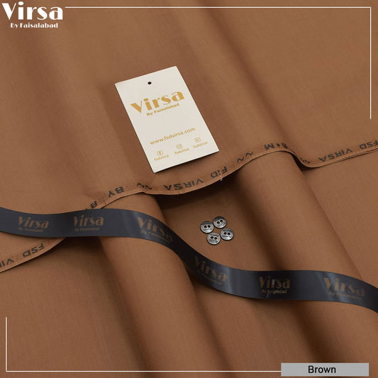 Brown fabric with Virsa branding and a tag on a matching brown background