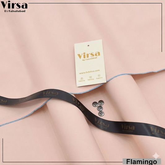 Pink fabric with a Virsa tag and black ribbon on a light pink background