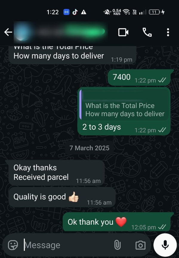 Virsa customer WhatsApp chat: Received parcel, quality is good