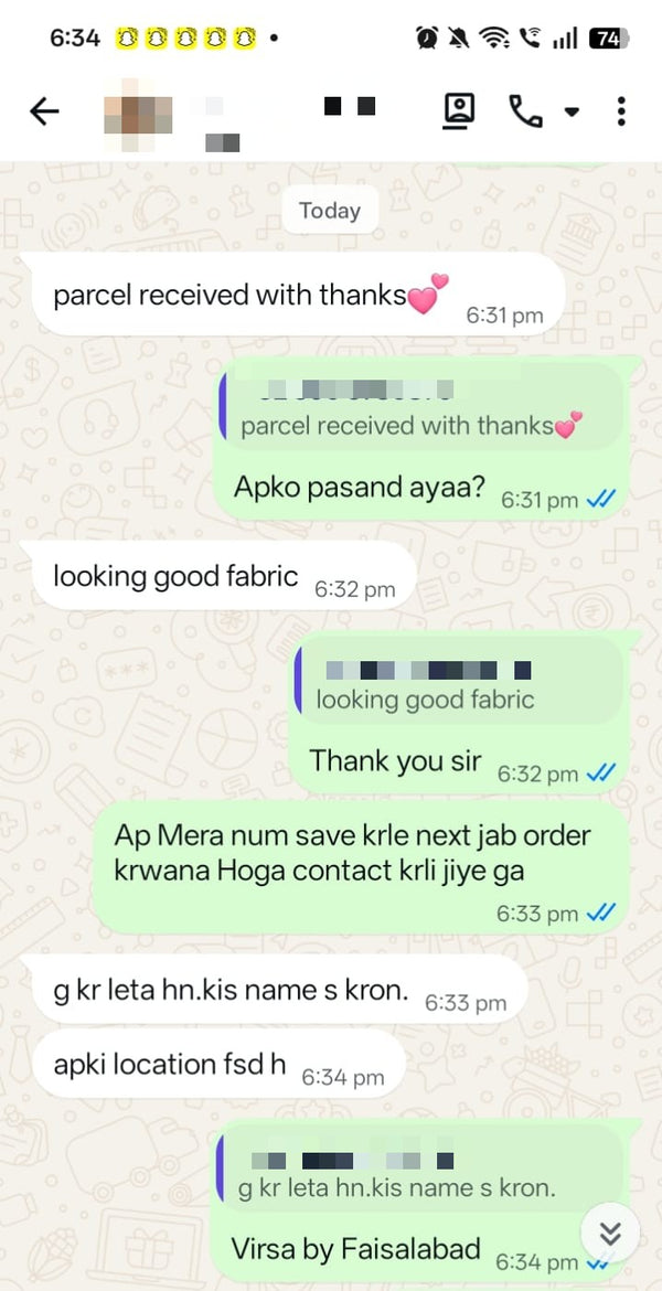 Customer WhatsApp review: parcel received with thanks, looking good fabric