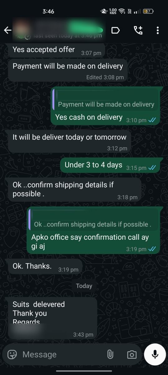 Virsa customer WhatsApp chat: Suits delivered, thank you
