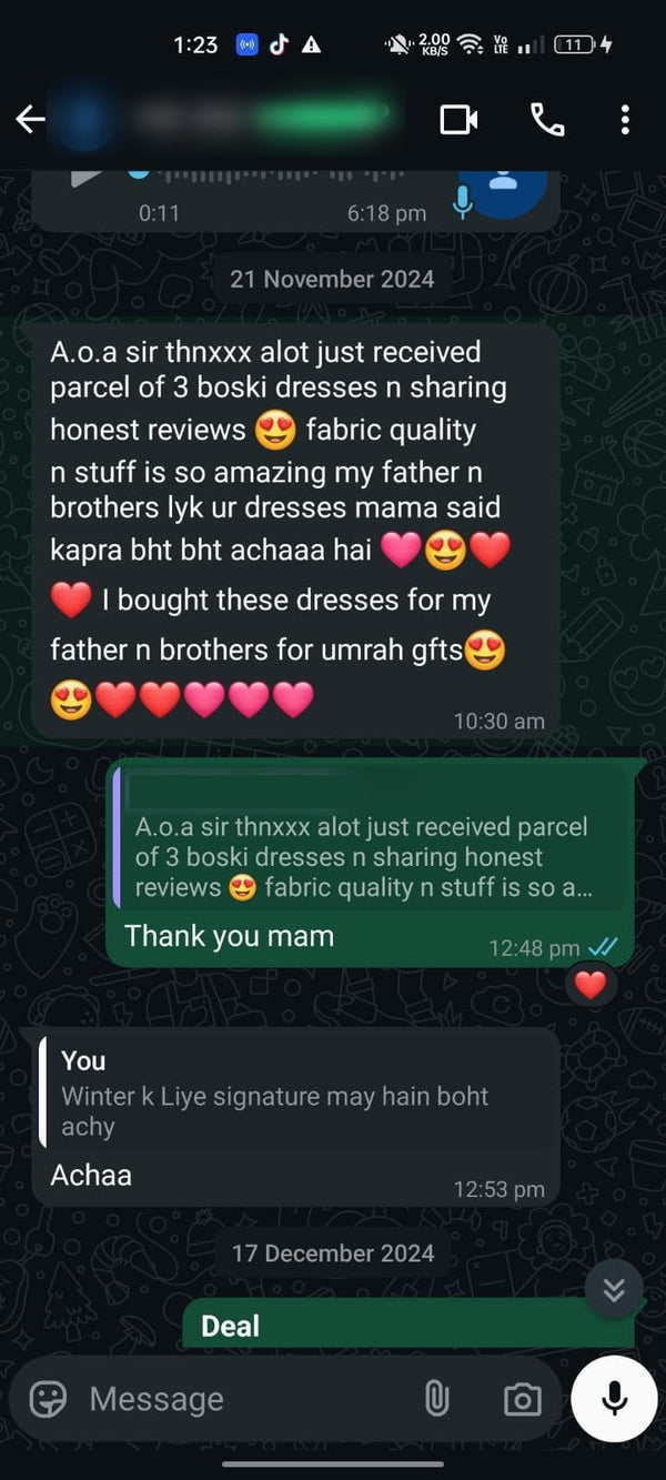 Virsa customer WhatsApp chat: 3 boski dresses, fabric quality is amazing