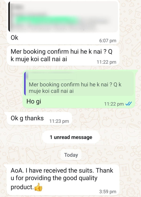 Virsa customer WhatsApp chat: Received the suits, good quality product