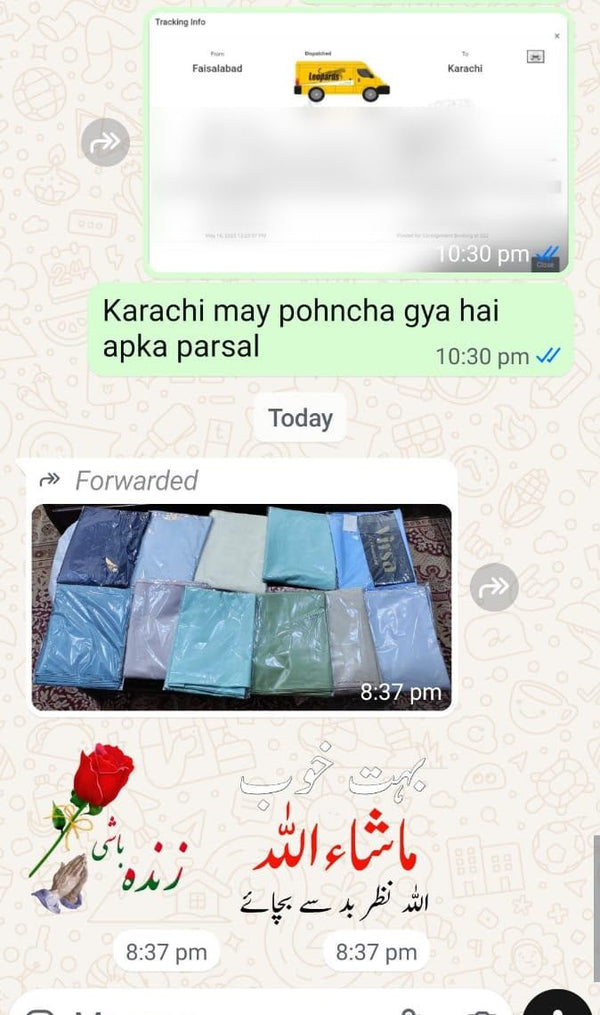 Virsa customer WhatsApp chat with photo of received suits