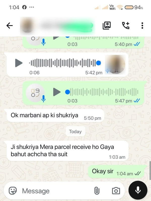 Virsa customer WhatsApp chat: Parcel received, suit was very good