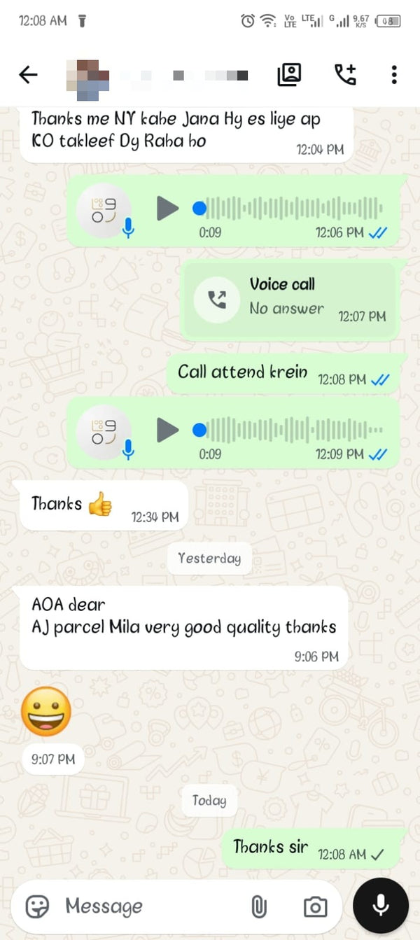 Customer WhatsApp review: AJ parcel mila very good quality thanks
